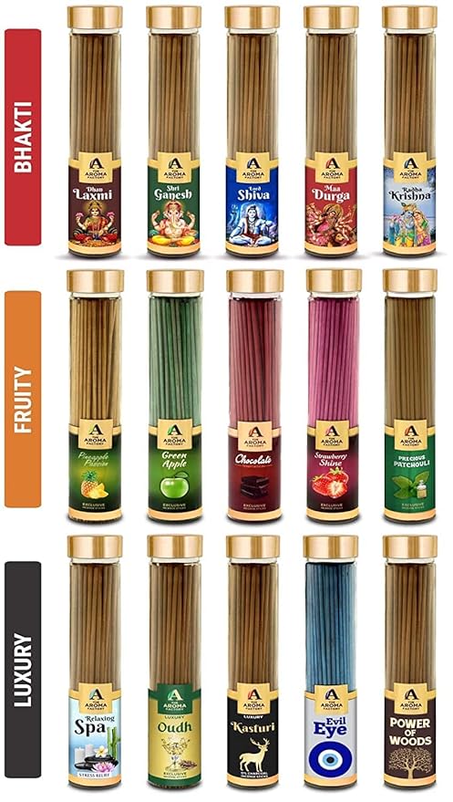 The Aroma Factory Radha Krishna, Dhan Lakshmi & Evil Eye Nazar Kavach Agarbatti for Pooja, Luxury Incense Sticks, Low Smoke & Zero Charcoal (Bottle Pack of 3 x 100g)