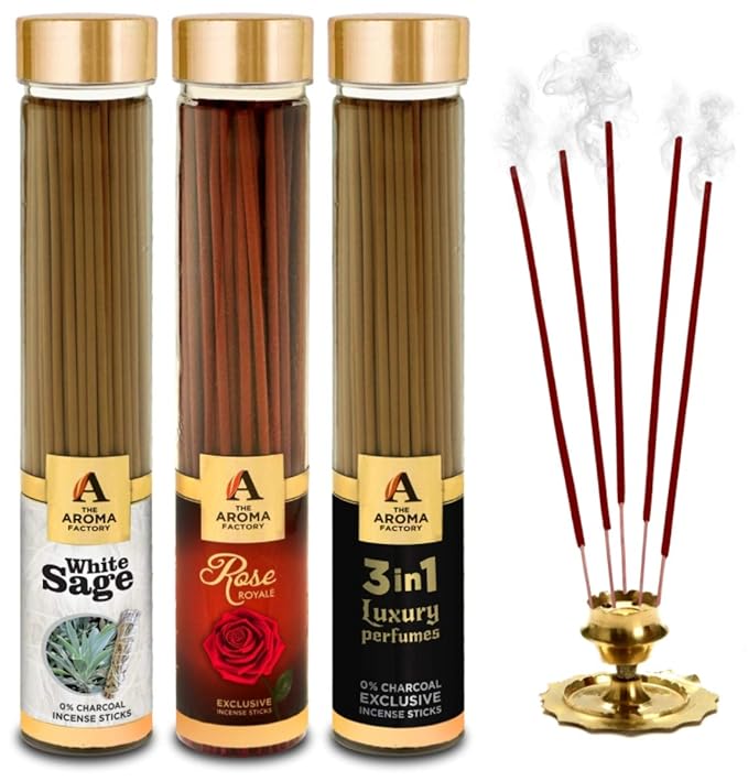 The Aroma Factory White Sage, Rose Royal & 3 in 1 Incense Stick Agarbatti (Zero Charcoal & 100% Herbal) Bottle Pack of 3 x 100