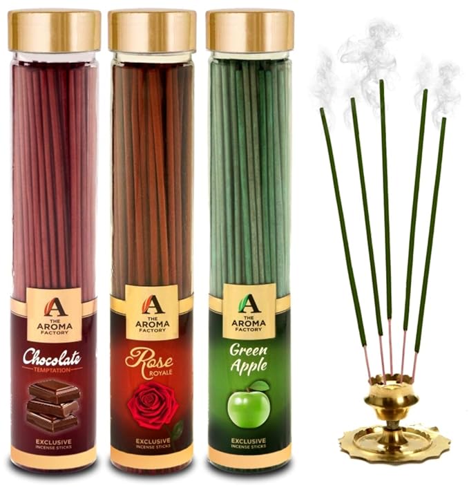 The Aroma Factory Chocolate, Green Apple & Rose Incense Stick Agarbatti (Zero Charcoal & 100% Herbal) Bottle Pack of 3 x 100