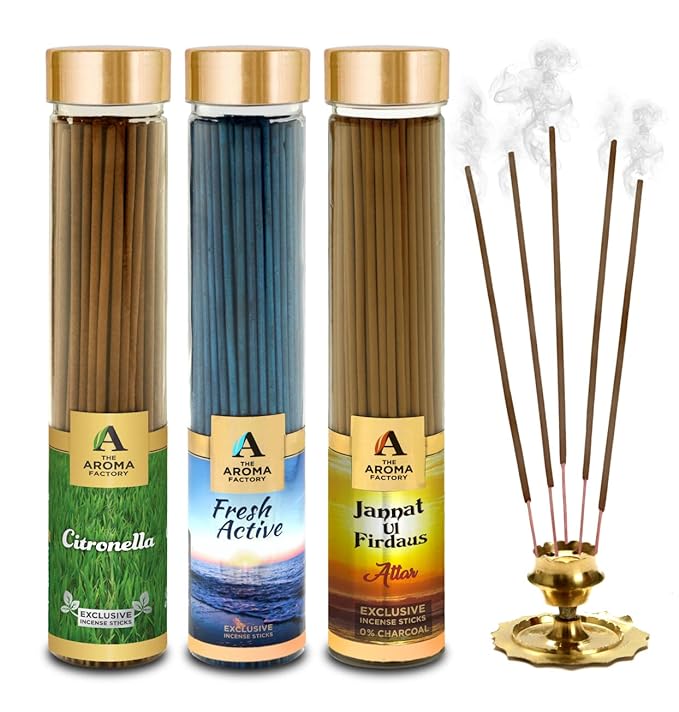 The Aroma Factory Citronella, Attar Jannat Ul Firdaus & Fresh Active Incense Stick Agarbatti (Zero Charcoal & 100% Herbal) Bottle Pack of 3 x 100
