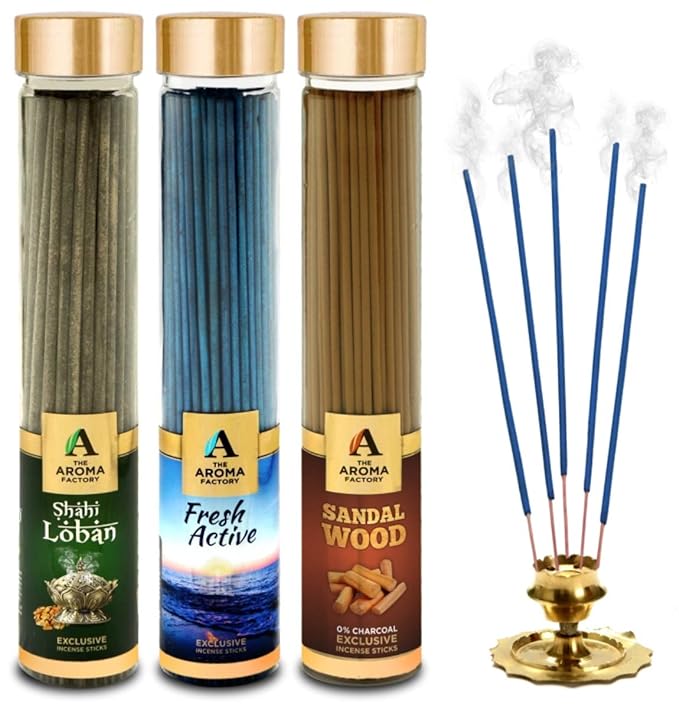 The Aroma Factory Loban, Fresh Active & Sandalwood Chandan Incense Stick Agarbatti (Zero Charcoal & 100% Herbal) Bottle Pack of 3 x 100