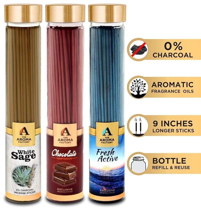 The Aroma Factory White Sage, Chocolate & Fresh Active Incense Stick Agarbatti (Zero Charcoal & 100% Herbal) Bottle Pack of 3 x 100