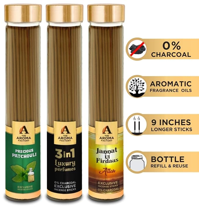 The Aroma Factory Patchouli, 3 in 1 & Attar Jannat Ul Firdaus Incense Stick Agarbatti (Zero Charcoal & 100% Herbal) Bottle Pack of 3 x 100