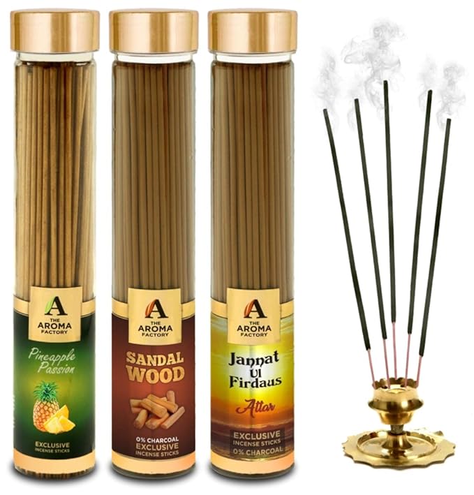 The Aroma Factory Pineapple, Attar janant Ul Firdaus & Sandalwood Chandan Incense Stick Agarbatti (Zero Charcoal & 100% Herbal) Bottle Pack of 3 x 100