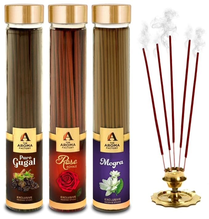 The Aroma Factory Gugal, Rose & Mogra Incense Stick Agarbatti (Zero Charcoal & 100% Herbal) Bottle Pack of 3 x 100