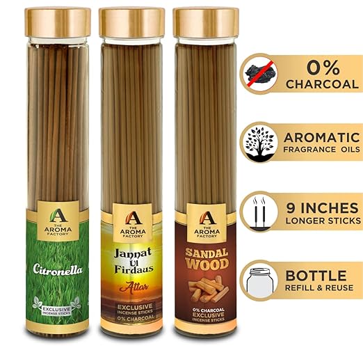 The Aroma Factory Citronella, Sandalwood Chandan & Attar Jannat Ul Firdaus Incense Stick Agarbatti (Zero Charcoal & 100% Herbal) Bottle Pack of 3 x 100