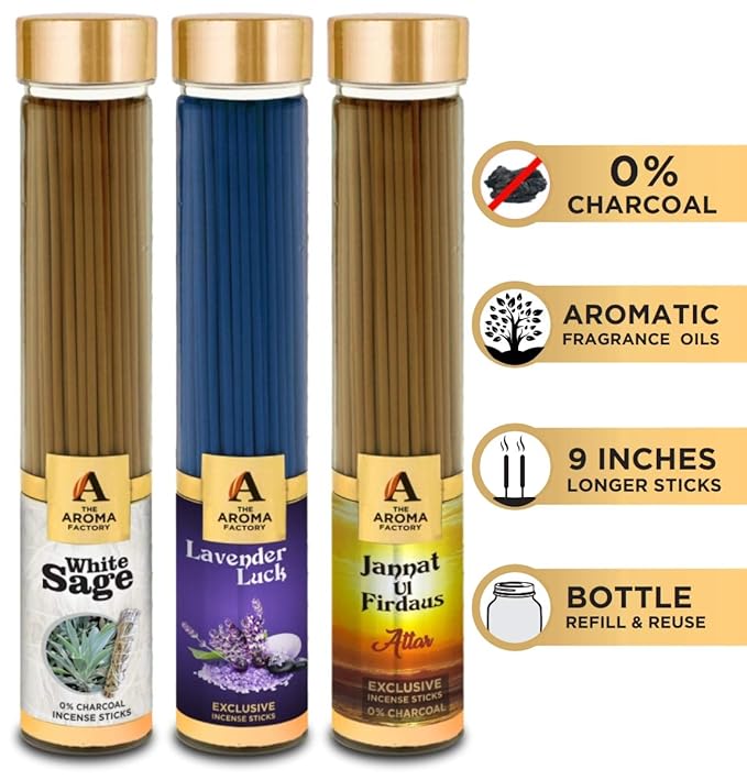 The Aroma Factory White Sage, Lavender & Attar Jannat Ul Firdaus Incense Stick Agarbatti (Zero Charcoal & 100% Herbal) Bottle Pack of 3 x 100g