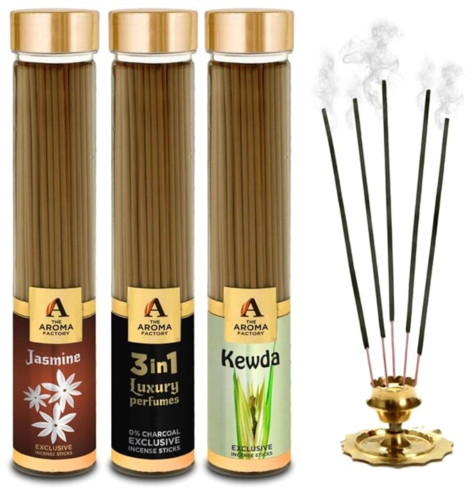 The Aroma Factory Jasmine, 3 in 1 & Kewda Incense Stick Agarbatti (Zero Charcoal & 100% Herbal) Bottle Pack of 3 x 100