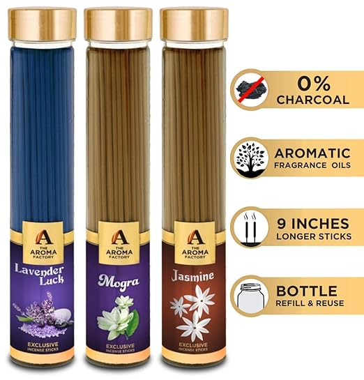 The Aroma Factory Lavender, Mogra & Jasmine Incense Stick Agarbatti (Zero Charcoal & 100% Herbal) Bottle Pack of 3 x 100