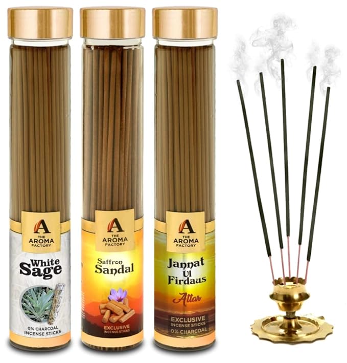 The Aroma Factory White Sage, Kesar Chandan Saffron Sandal & Attar Jannat Ul Firdaus Incense Stick Agarbatti (Zero Charcoal & 100% Herbal) Bottle Pack of 3 x 100