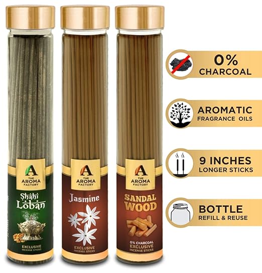 The Aroma Factory Loban, Jasmine & Sandalwood Chandan Incense Stick Agarbatti (Zero Charcoal & 100% Herbal) Bottle Pack of 3 x 100