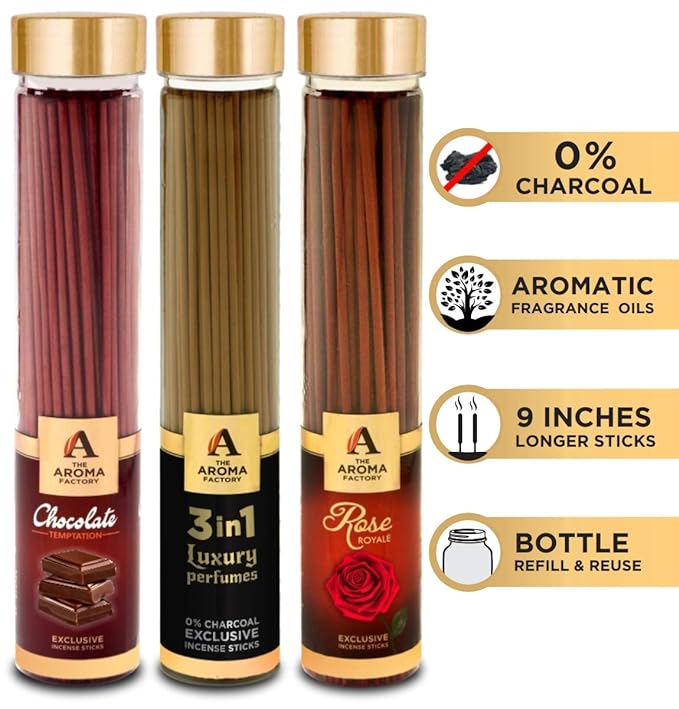 The Aroma Factory Chocolate, 3 in 1 & Rose Incense Stick Agarbatti (Zero Charcoal & 100% Herbal) Bottle Pack of 3 x 100