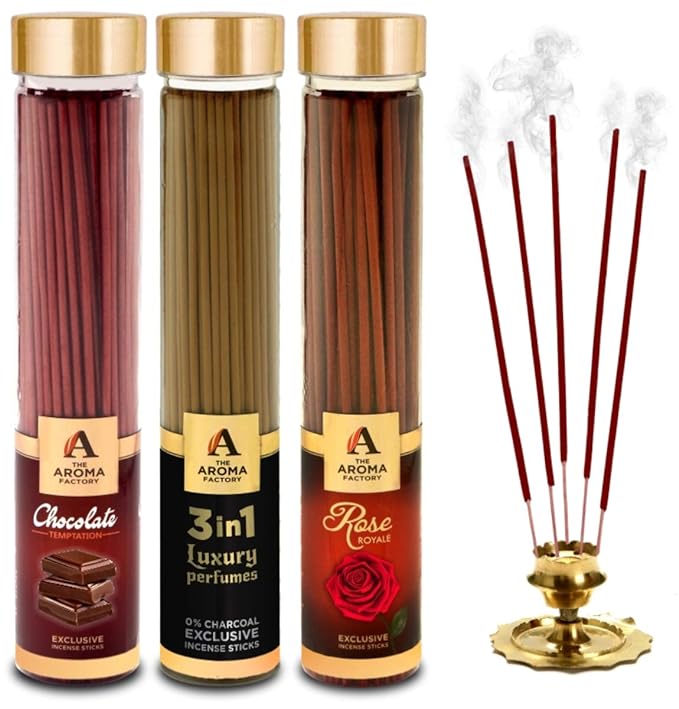 The Aroma Factory Chocolate, 3 in 1 & Rose Incense Stick Agarbatti (Zero Charcoal & 100% Herbal) Bottle Pack of 3 x 100