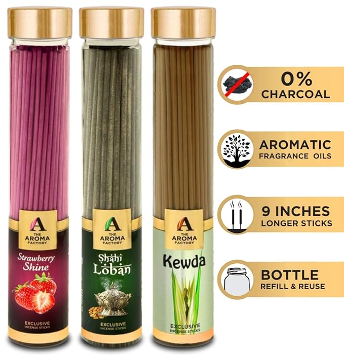 The Aroma Factory Strawberry, Loban & Kewda Incense Stick Agarbatti (Zero Charcoal & 100% Herbal) Bottle Pack of 3 x 100