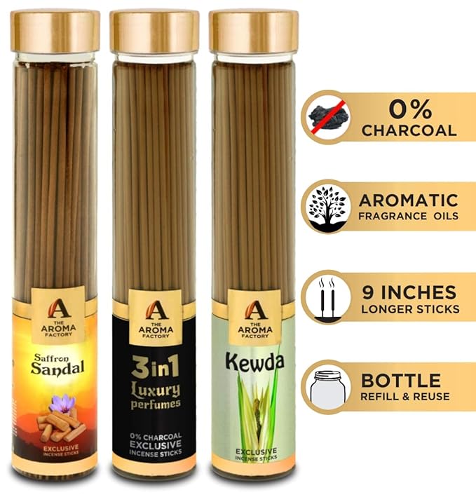 The Aroma Factory Kesar Chandan Saffron Sandal, 3 in 1 & Kewda Incense Stick Agarbatti (Zero Charcoal & 100% Herbal) Bottle Pack of 3 x 100