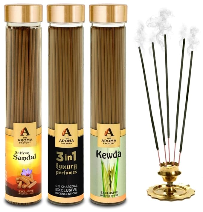 The Aroma Factory Kesar Chandan Saffron Sandal, 3 in 1 & Kewda Incense Stick Agarbatti (Zero Charcoal & 100% Herbal) Bottle Pack of 3 x 100