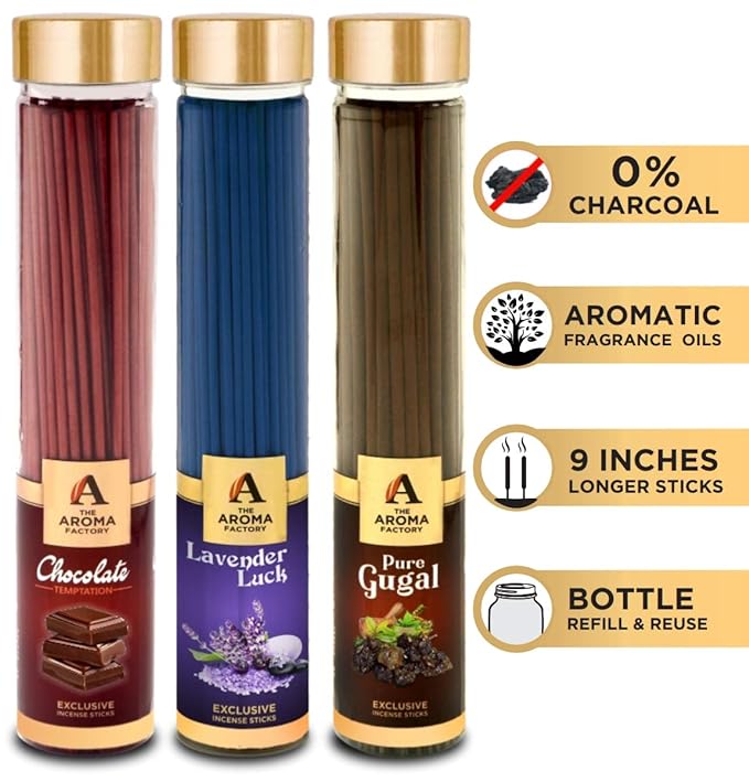 The Aroma Factory Chocolate, Lavender & Gugal Incense Stick Agarbatti (Zero Charcoal & 100% Herbal) Bottle Pack of 3 x 100