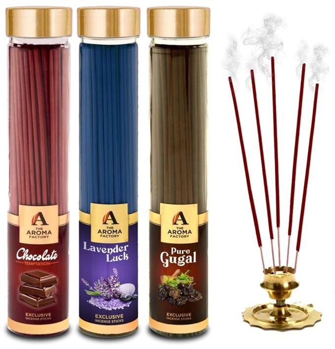 The Aroma Factory Chocolate, Lavender & Gugal Incense Stick Agarbatti (Zero Charcoal & 100% Herbal) Bottle Pack of 3 x 100