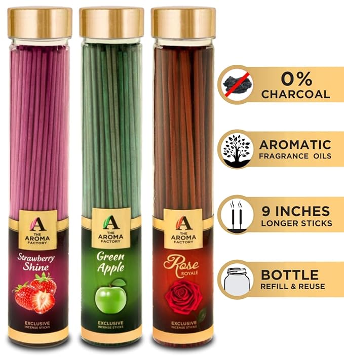 The Aroma Factory Strawberry, Rose & Green Apple Incense Stick Agarbatti (Zero Charcoal & 100% Herbal) Bottle Pack of 3 x 100