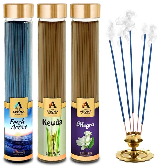 The Aroma Factory Fresh Active, Kewda & Mogra Incense Stick Agarbatti (Zero Charcoal & 100% Herbal) Bottle Pack of 3 x 100