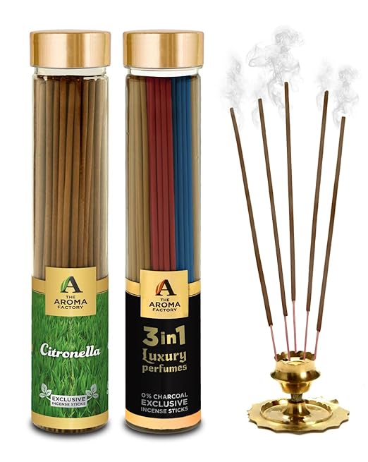 The Aroma Factory Patchouli, Mosquito Out Citronella & 3 in 1 Incense Stick Agarbatti (Zero Charcoal & 100% Herbal) Bottle Pack of 3 x 100