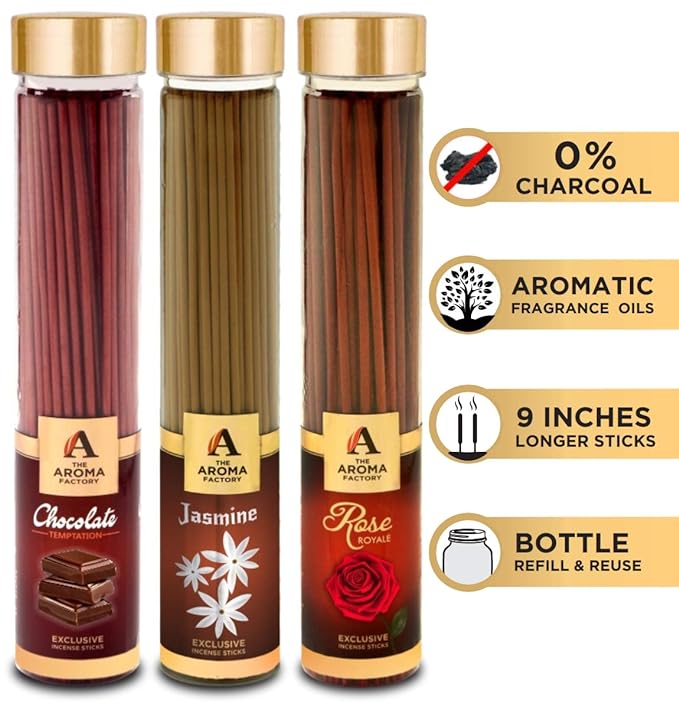 The Aroma Factory Chocolate, Jasmine & Rose Incense Stick Agarbatti (Zero Charcoal & 100% Herbal) Bottle Pack of 3 x 100