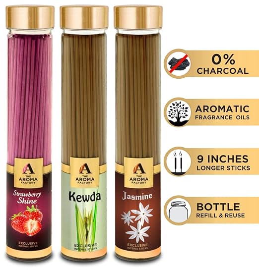 The Aroma Factory Strawberry, Kewda & Jasmine Incense Stick Agarbatti (Zero Charcoal & 100% Herbal) Bottle Pack of 3 x 100