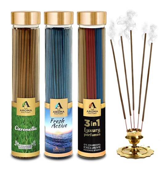 The Aroma Factory Citronella, 3 in 1 & Fresh Active Incense Stick Agarbatti (Zero Charcoal & 100% Herbal) Bottle Pack of 3 x 100