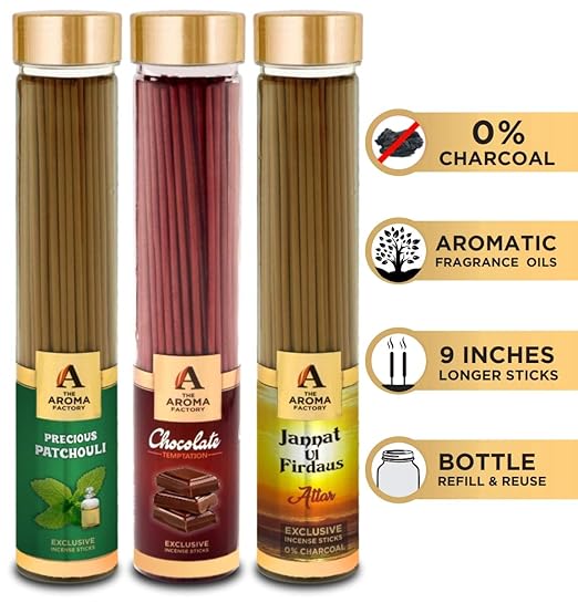 The Aroma Factory Patchouli, Chocolate & Attar Jannat Ul Firdaus Incense Stick Agarbatti (Zero Charcoal & 100% Herbal) Bottle Pack of 3 x 100