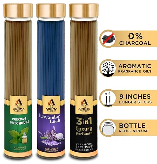 The Aroma Factory Patchouli, Lavender & 3 in 1 Incense Stick Agarbatti (Zero Charcoal & 100% Herbal) Bottle Pack of 3 x 100