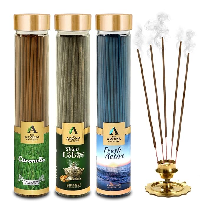 The Aroma Factory Loban, Fresh Active & Citronella Incense Stick Agarbatti (Zero Charcoal & 100% Herbal) Bottle Pack of 3 x 100