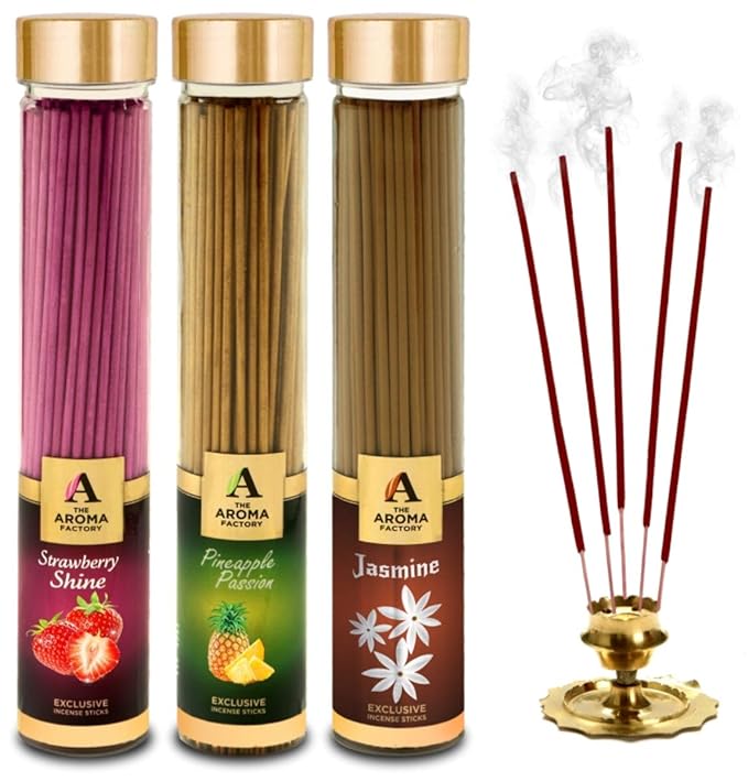 The Aroma Factory Strawberry, Pineapple & Jasmine Incense Stick Agarbatti (Zero Charcoal & 100% Herbal) Bottle Pack of 3 x 100