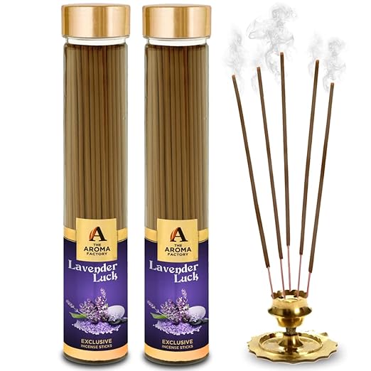 The Aroma Factory Agarbatti for Pooja, Lavender Luck Incense Sticks, Charcoal Free & Low Smoke Agarbatti with Essential Oils & Natural Fragrance for Home, Offices (100g X 2 Bottle)
