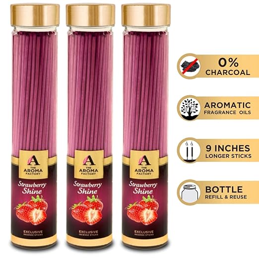 The Aroma Factory Strawberry Shine Incense Sticks Agarbatti (Charcoal Free & 100% Herbal) Bottle Pack of 3 x 100