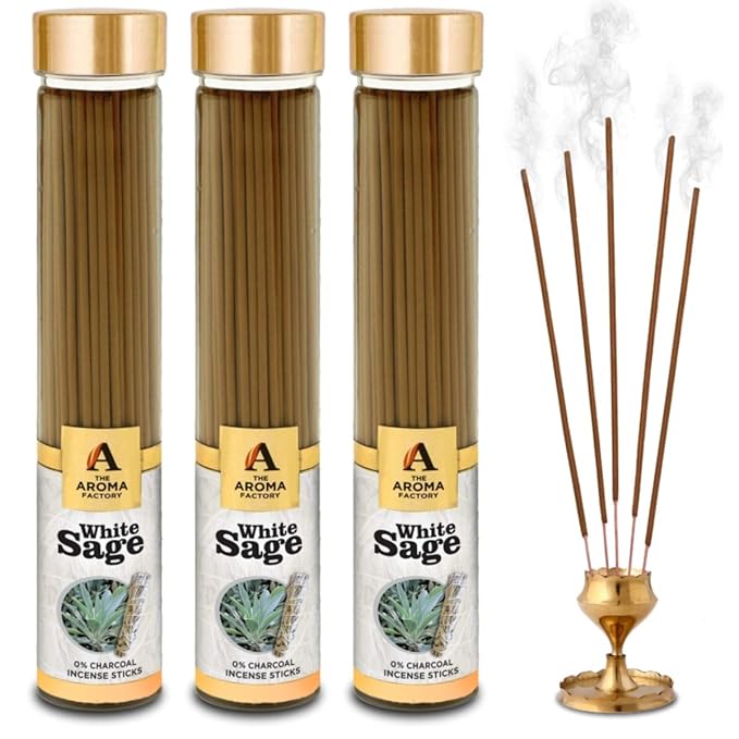 The Aroma Factory Agarbatti for Pooja, White Sage Smudge Leaves Incense Sticks, Charcoal Free & Low Smoke Agarbatti with Essential Oils & Natural Fragrance, 100g X 3 Bottle