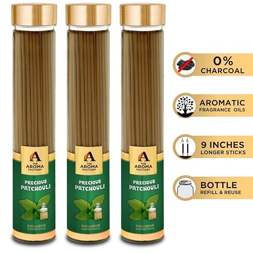 The Aroma Factory Precious Patchouli Incense Sticks Agarbatti (Charcoal Free & 100% Herbal) Bottle Pack of 3 x 100