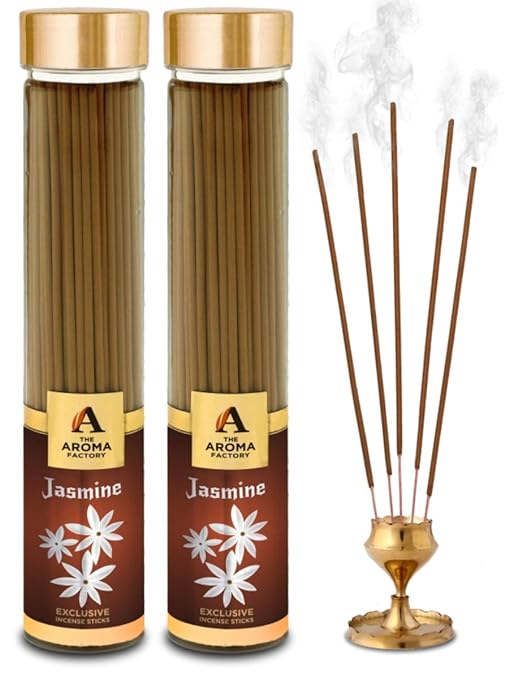The Aroma Factory Jasmine Incense Sticks Agarbatti (Charcoal Free & 100% Herbal) Bottle Pack of 2 x 100