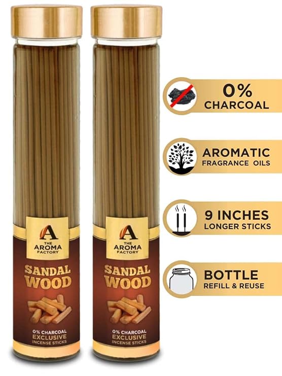 The Aroma Factory Sandalwood Agarbatti for Pooja, Sandal Wood Incense Sticks, Charcoal Free & Low Smoke Agarbatti with Essential Oils & Natural Fragrance for Home, Offices (100g x 2 Bottle)