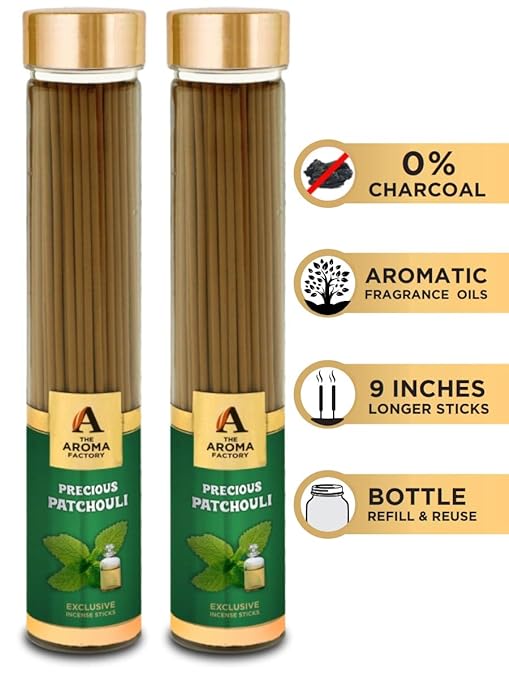 The Aroma Factory Precious Patchouli Incense Sticks Agarbatti (Charcoal Free & 100% Herbal) Bottle Pack of 2 x 100