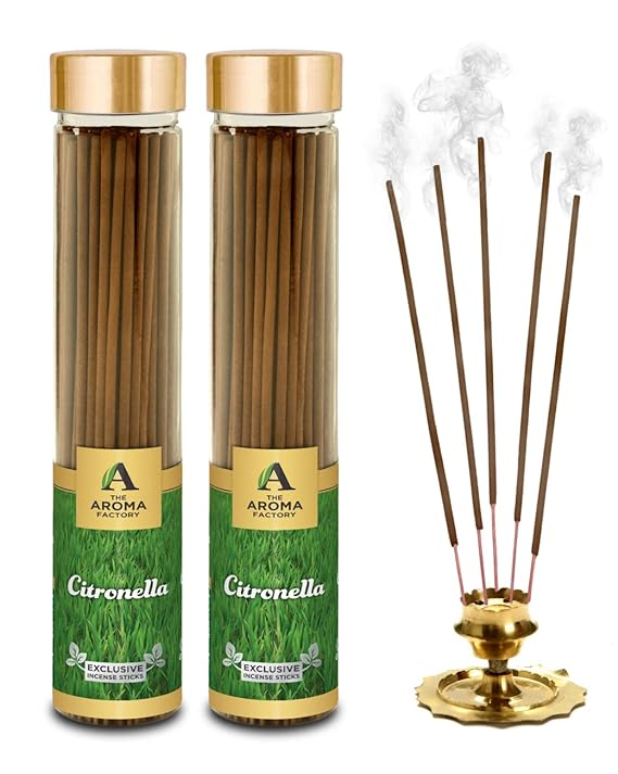 The Aroma Factory Citronella Incense Sticks Agarbatti (Charcoal Free & 100% Herbal), Agarbatti, Bottle Pack of 2 x 100 Gram