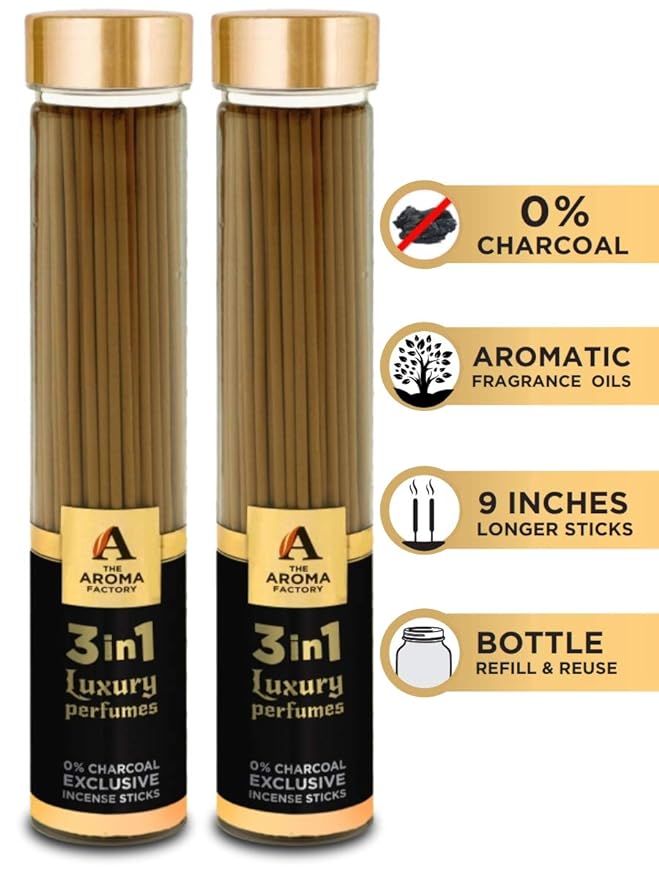 The Aroma Factory 3 in 1 Luxury Perfumes Incense Sticks Agarbatti (Charcoal Free & 100% Herbal) Bottle Pack of 2 x 100