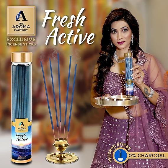 The Aroma Factory Fresh Active Agarbatti for Pooja, Luxury Incense Sticks, Low Smoke and Zero Charcoal, Premium and Fresh Fragrance for Home, Meditation (Bottle Pack of 2, 100g)