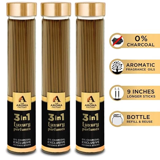 The Aroma Factory 3 in 1,Luxury Perfumes Incense Sticks Agarbatti (Charcoal Free & 100% Herbal) Bottle Pack of 3 x 100
