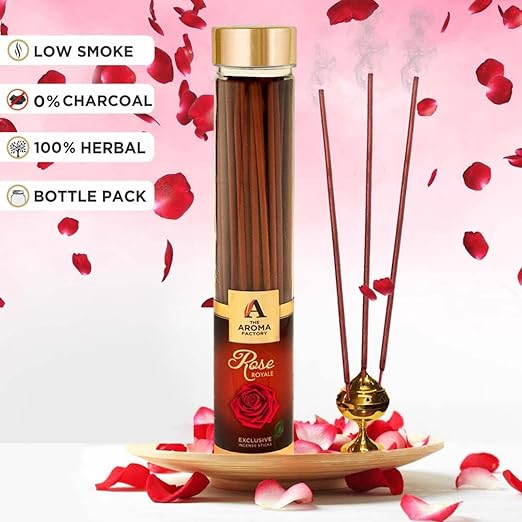 The Aroma Factory Rose Royale Incense Sticks Agarbatti (Charcoal Free & 100% Herbal) Bottle Pack of 3 x 100