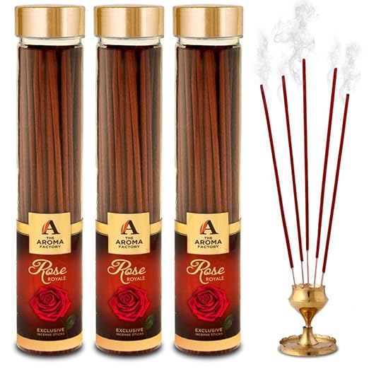 The Aroma Factory Rose Royale Incense Sticks Agarbatti (Charcoal Free & 100% Herbal) Bottle Pack of 3 x 100