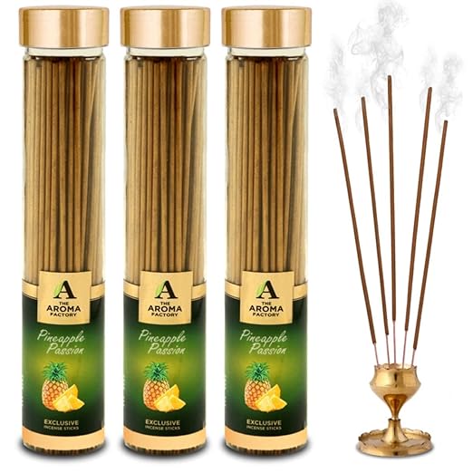 The Aroma Factory Pineapple Passion Incense Sticks Agarbatti (Charcoal Free & 100% Herbal) Bottle Pack of 3 x 100