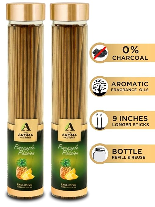 The Aroma Factory Pineapple Passion Incense Sticks Agarbatti (Charcoal Free & 100% Herbal) Bottle Pack of 2 x 100