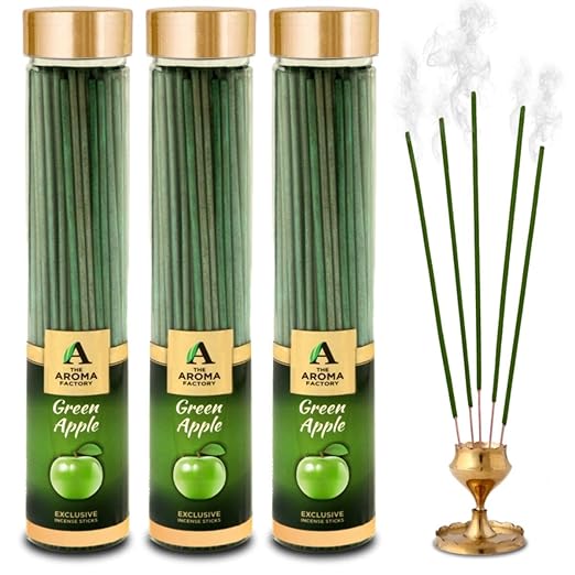 The Aroma Factory Green Apple Incense Sticks Agarbatti (Charcoal Free & 100% Herbal) Bottle Pack of 3 x 100