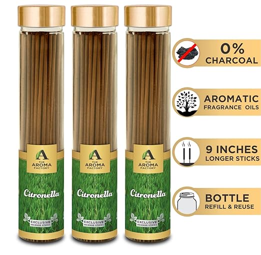 The Aroma Factory Citronella Incense Sticks Agarbatti (Charcoal Free & 100% Herbal), Agarbatti, Bottle Pack of 3 x 100 Gram