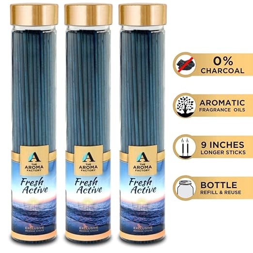 The Aroma Factory Agarbatti for Pooja, Fresh Active Incense Sticks, Charcoal Free & Low Smoke Agarbatti with Essential Oils & Natural Fragrance (100g X 3 Bottle Pack)